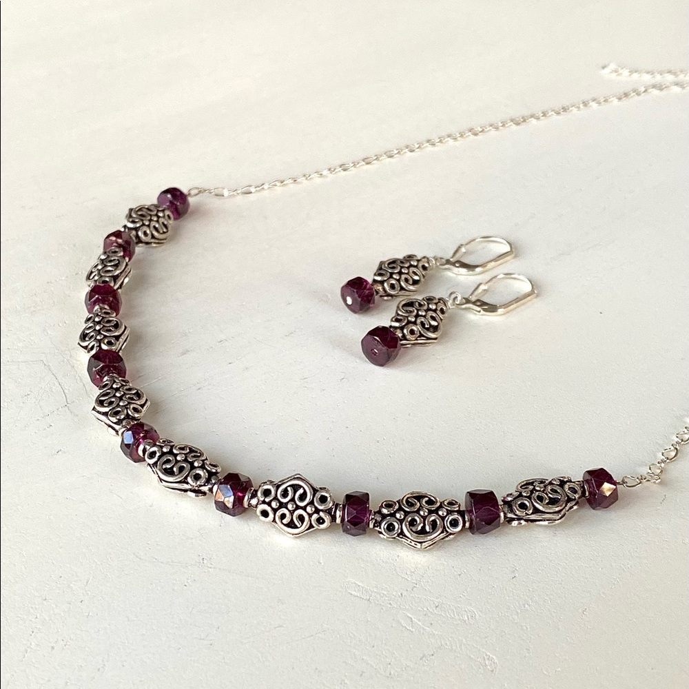 Handcrafted Faceted Garnet and Sterling Silver Adjustable Necklace and Earrings